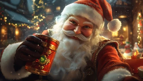 Festive Santa portrait holding ornate holiday mug at night.