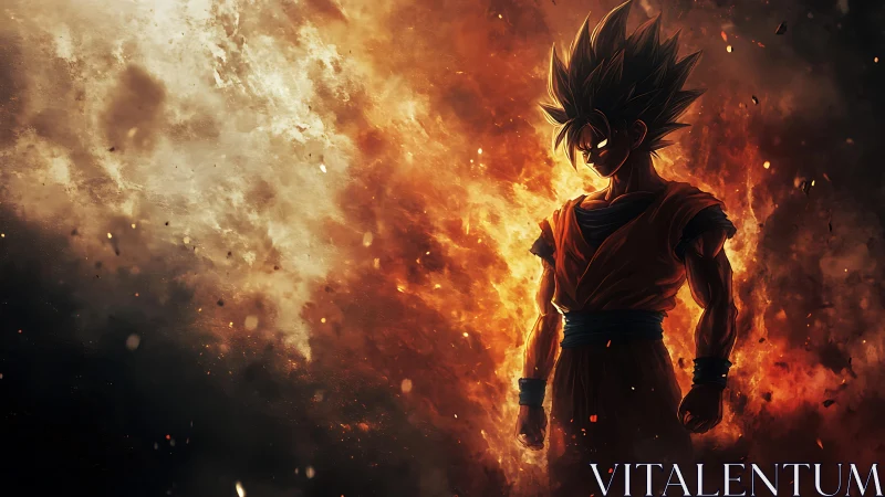 Fiery anime warrior stands against swirling cosmic storm.