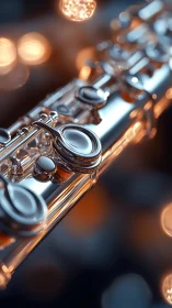 Silver flute keys shimmer like tiny planets in orbit