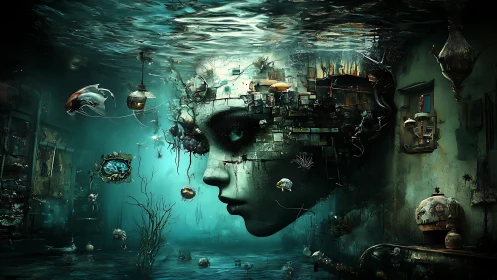 Surreal underwater portrait with fragmented architectural mindscape.
