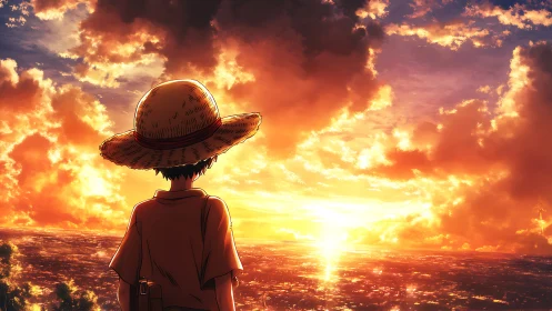 Young wanderer in straw hat contemplates a blazing ocean sunset