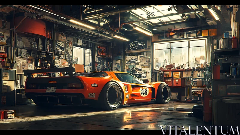 Orange race car parked in cluttered urban tuning garage.