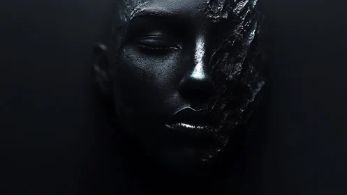 Monochrome sculpted visage eroded by fractal metallic decay