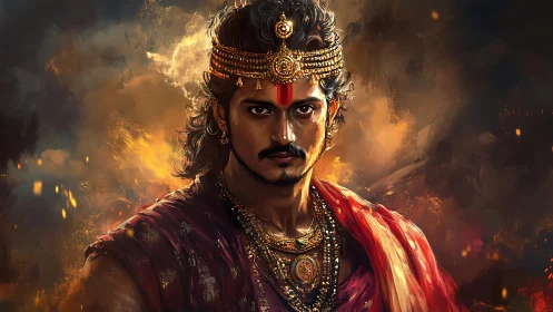 Regal portrait of stern Indian king in fiery ambience.