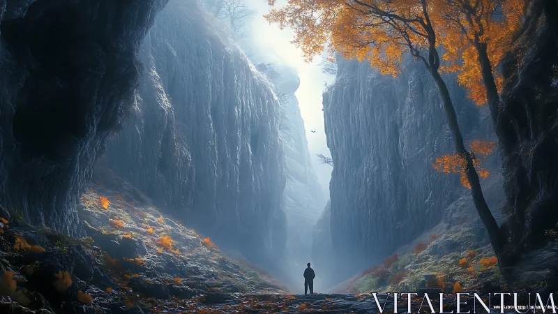 Soft misty canyon welcomes a lone traveler under autumn light
