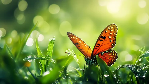 Orange butterfly rests on wet grass blades in soft focus light