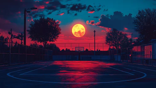 Neon moonrise over midnight basketball court in electric hush.
