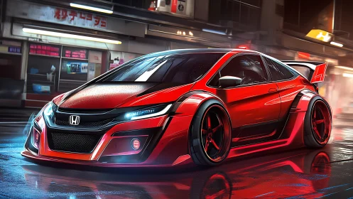 Red Honda street racer cuts through neon soaked city night.