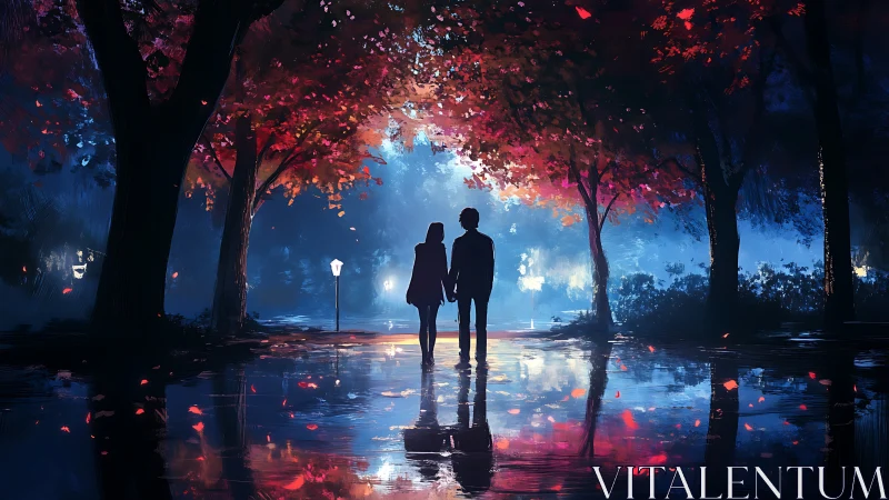 Neon-lit Park Convergence: Chromatic Silhouettes Under Autumn Canopy.