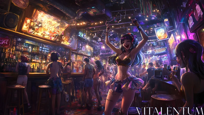 Joyful club dancer lighting up a neon soaked party night.