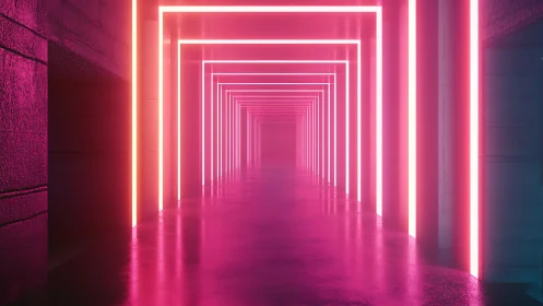 Neon corridor recedes into depth with luminous magenta light