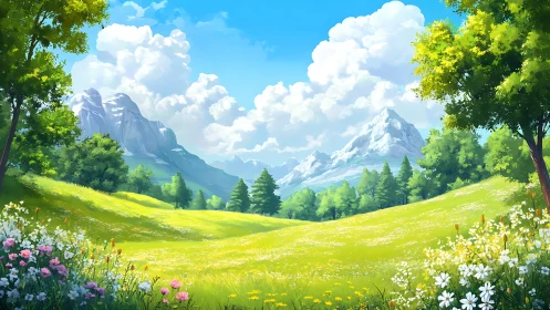 Bright mountain valley meadow under clear blue sky.