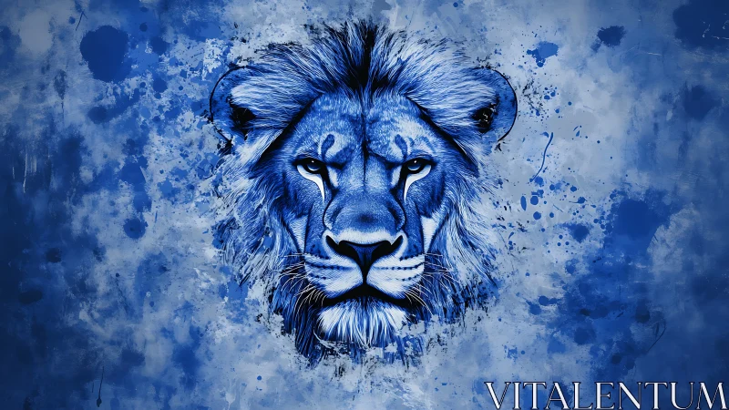Blue lion portrait with splattered abstract paint background.