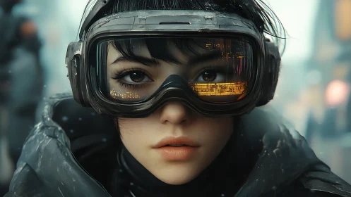 Cybernetic scout in frost-lit street, reflective HUD goggles focus