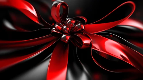 Glossy red ribbon bow unfolds over sleek black surface.