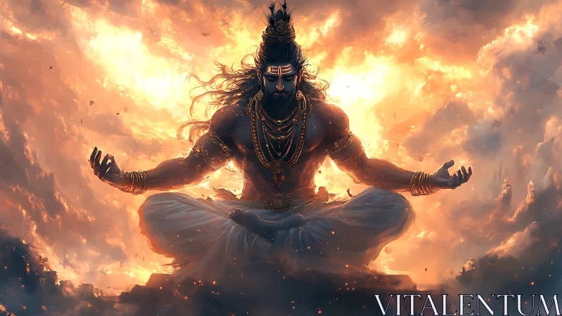 Mythic ascetic deity levitates in fiery volumetric cloudscape