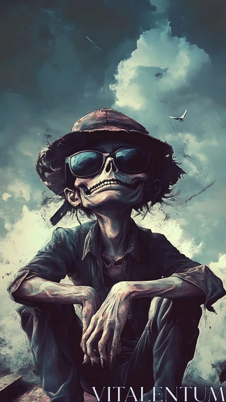 Skeletal drifter in sunglasses under turbulent cumulonimbus sky.