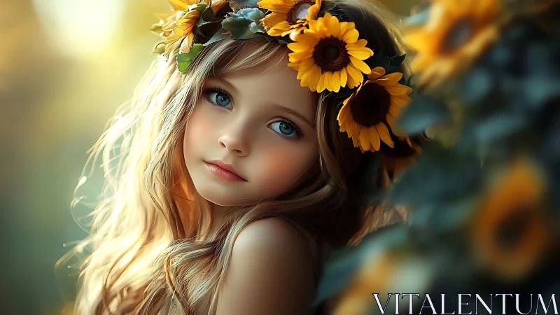 Photorealistic child portrait with golden sunflower crown.
