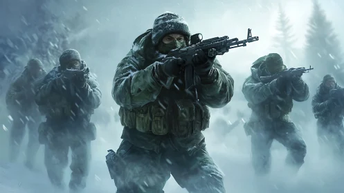 Armed soldiers advancing through dense winter snowstorm.