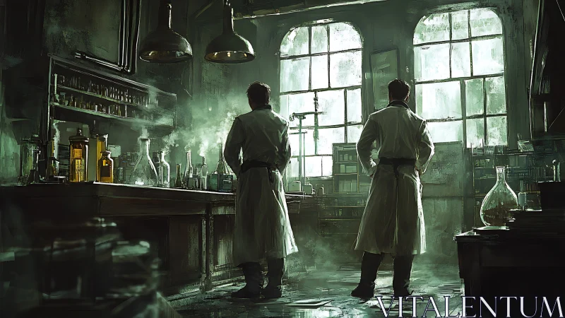 Brooding chemists in fog-filled vintage laboratory interior.