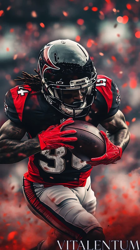 Football running back drives forward through red stadium haze