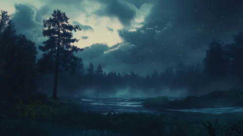 Moonlit mist over a quiet forest river at blue hour.