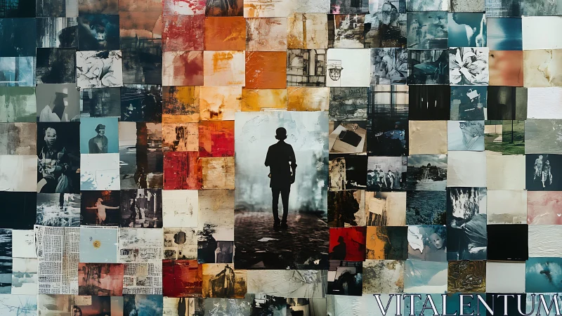 Central silhouetted figure anchors dense photographic collage grid