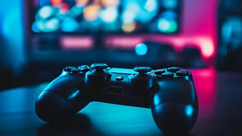 Game controller in neon-lit gaming setup uses shallow focus