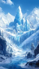 Towering ice spire dominates frozen alpine valley landscape