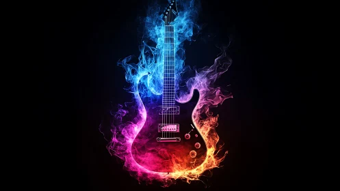 Digital painting of guitar in neon fire and smoke composition.