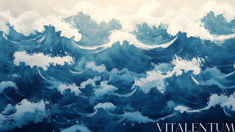 Dynamic blue ocean waves in expressive digital brushwork.