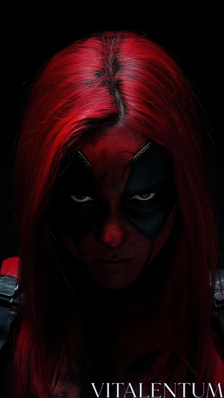 Red haired masked character in dark frontal portrait.
