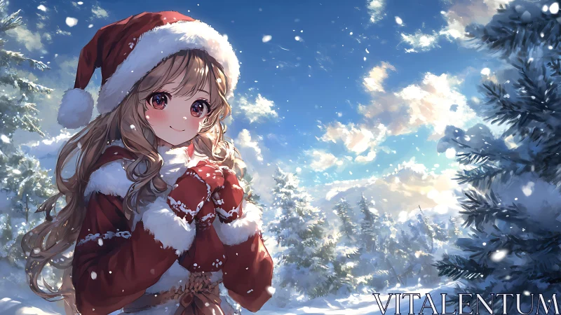 Girl in red winter clothing stands in a snowy conifer forest