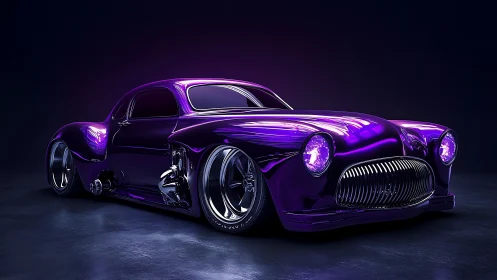 High-gloss purple custom coupe rendered with HDR reflections and neon optics