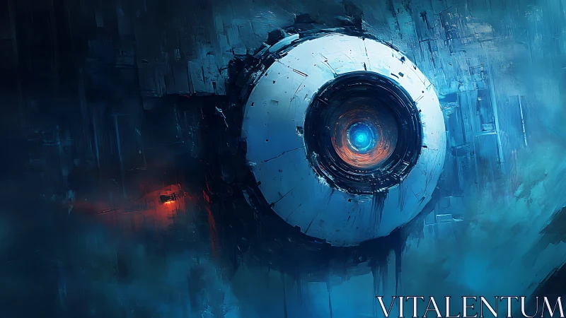 Orbital cybernetic eye core within fractured azure hull.