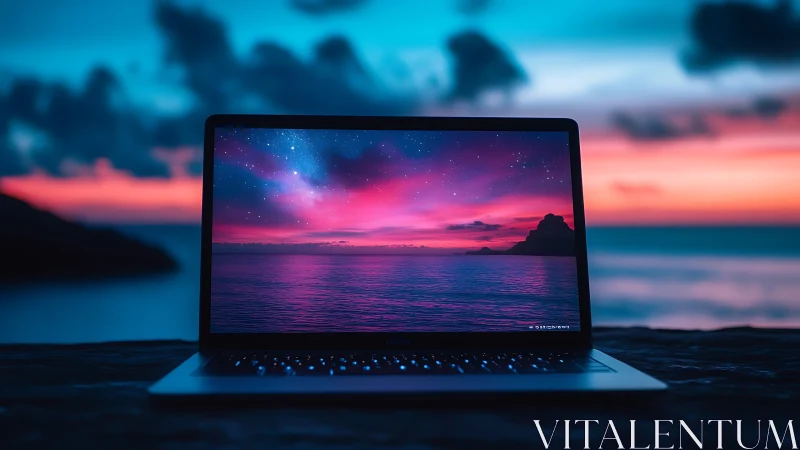 Laptop screen mirrors vivid sunset seascape horizon perfectly