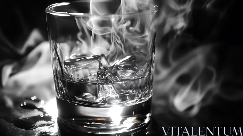 High-contrast closeup of ice cubes steaming in clear tumbler glass