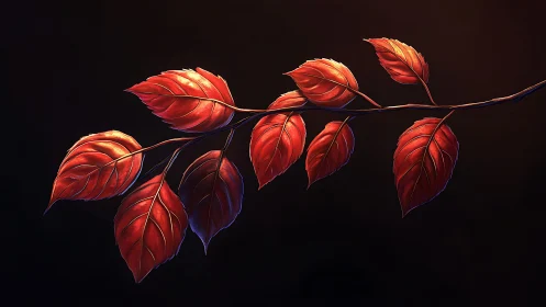 Vibrant red autumn leaves on branch, digital illustration style.