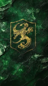 Golden heraldic dragon emblem over textured green stone