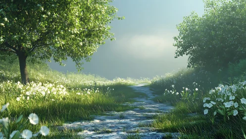 Sunlit garden path winding through soft wildflower morning.