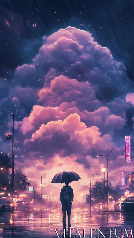 Rainlit crossroads beneath a towering cotton candy cloud.