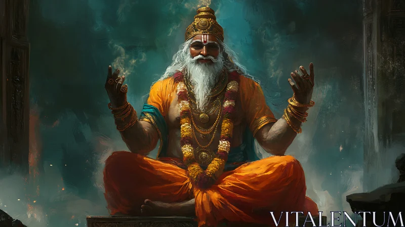 Radiant guru in orange robes rendered with high-detail digital brushwork
