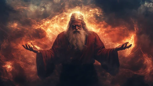 Elder fire mage conjures swirling inferno in dark void.