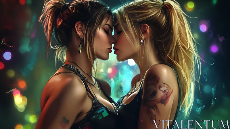 Two figures lean close in neon-lit intimacy beneath glowing bokeh lights.