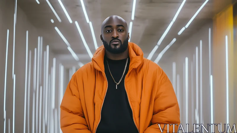 Man in orange jacket in illuminated tunnel at night.