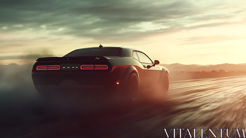 Muscle car powers through desert highway at sunrise