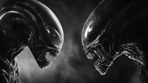 Opposed biomechanical extraterrestrial heads in profile view.