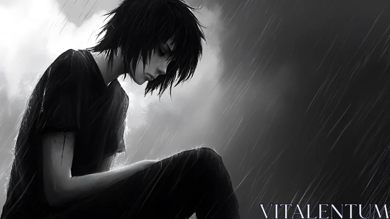 Solitary teen sits in heavy rain under dark storm clouds