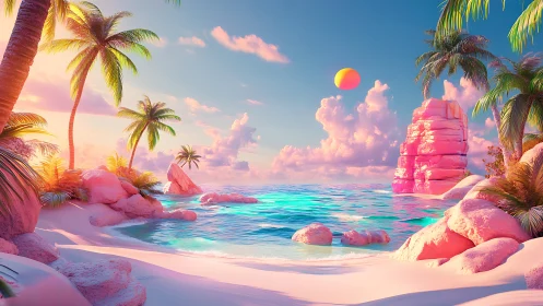 Neon Tropical Paradise Beach with Pink Sand