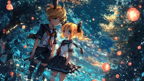 Twin students in luminous forest glade with floating orbs